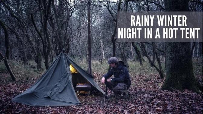 Winter Lavvu Hot Tent Camping in the Rain - Bushcraft / Military Surplus Gear & Gstove Cooking