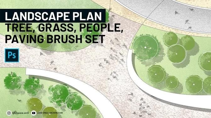 Landscape plan rendering and tree, grass, people, paving brush set