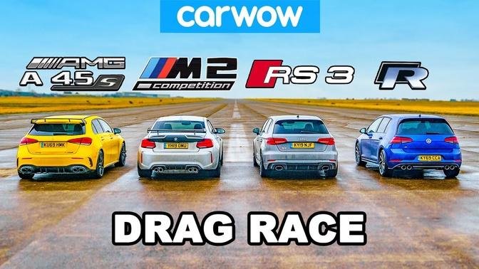 AMG A45S v BMW M2 v Audi RS3 v VW Golf R: DRAG RACE, ROLLING RACE & BRAKE TEST!