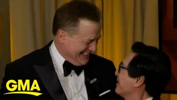 Ke Huy Quan surprises fellow Oscar winner Brendan Fraser backstage l GMA