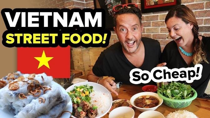 Huge Hanoi Street Food Tour! Must Eat Food in Vietnam. First time trying Bún chả, Bánh Cuốn + Phở Bò