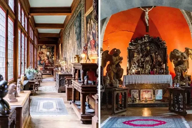 (Left) The gallery, enclosed by stained glass inside the walls of Château de Bonneval; (Right) The Chapel features wooden angels sculpted by Bouchardon. (Courtesy of Aude Lucas Fine Art Wedding Photography)