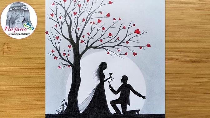 Pencil Sketch - Romantic Propose Scenery -- How to draw Romantic couple under love tree