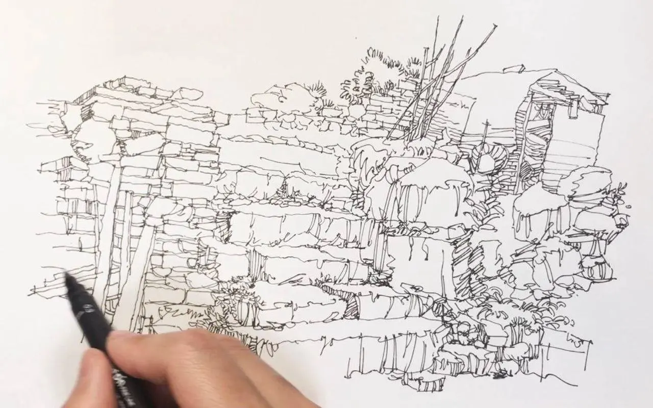钢笔画手绘风景速写，如果没有把握，可以先用铅笔打个底稿再画