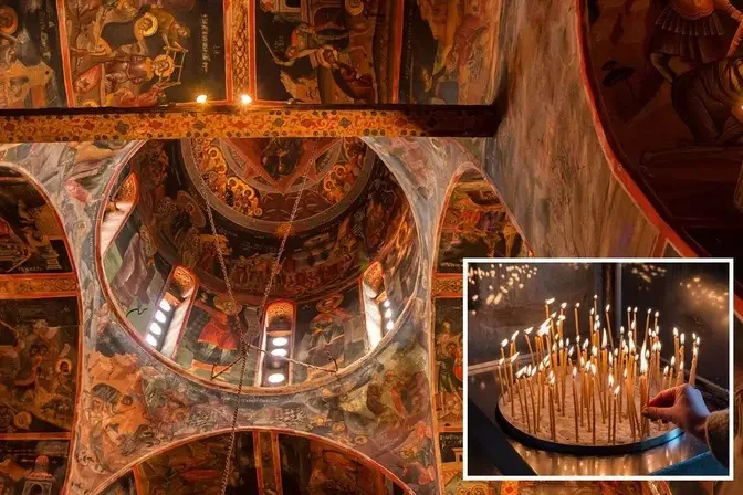 The interior of Varlaam Monastery; (Inset) A visitor lights a candle. (Yakov Oskanov/Shutterstock; Inset: smoxx/Shutterstock)