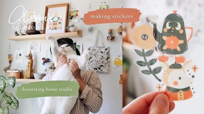 Studio Vlog | Making Stickers, Decorating Ceramic Home Studio, Drawing My Cat ASMR, Silent Vlog