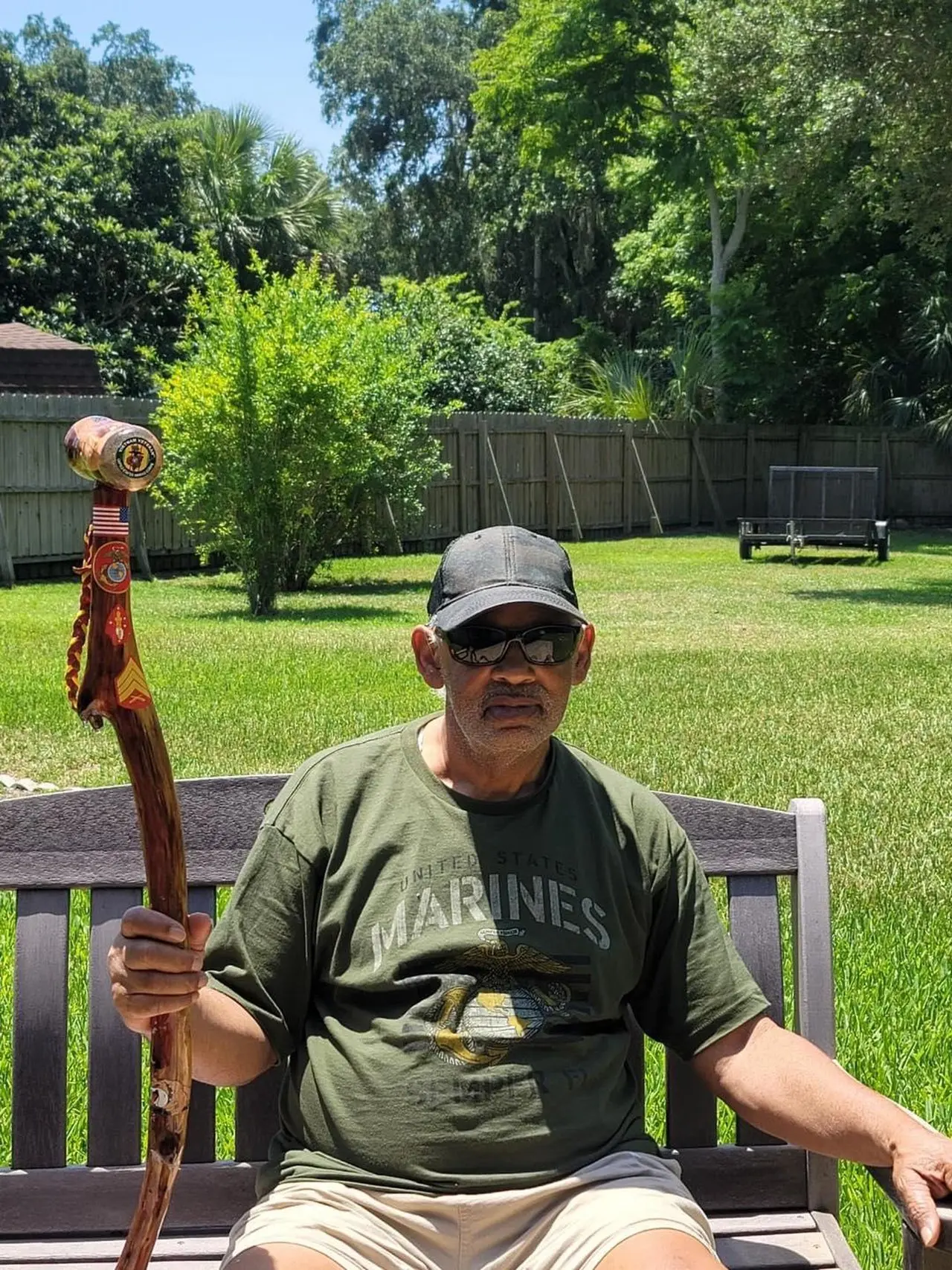 Sgt. Michael Royster, U.S. Marine Corps, 2nd Marines, 1972, and his new cane. (Courtesy of <a href="https://www.facebook.com/Veterancanes/">Free Canes For Veterans</a>)