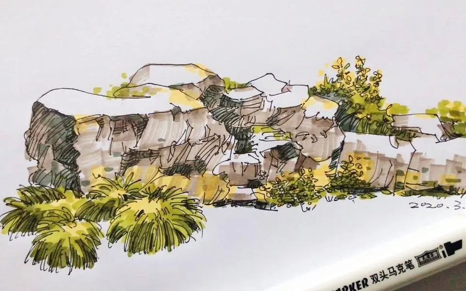 钢笔画黑白线条上稿到马克笔上色，两者的结合让画面富有体积感