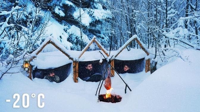 Caught in a Storm, Bushcraft Winter Camping in a Snowstorm, Build Complete and Warm Survival Shelter