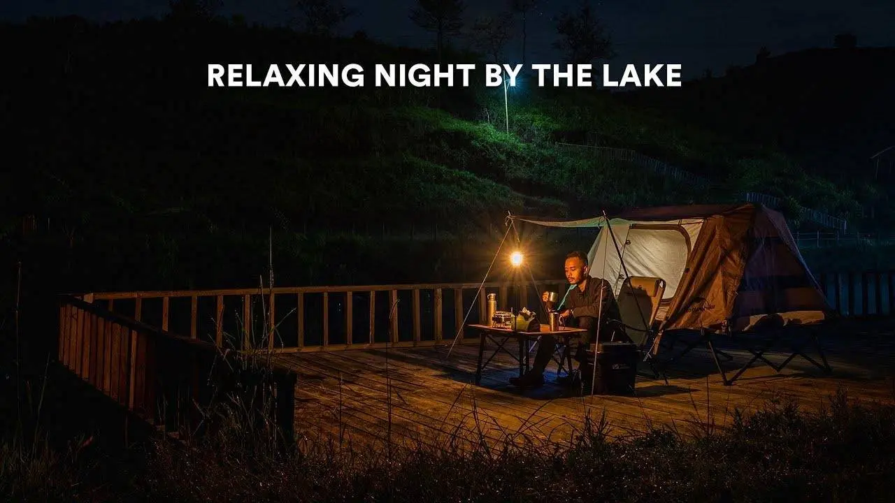 Camping saat cuaca berkabut di tepi danau, menikmati malam yang tenang dengan DJI Power 1000, ASMR