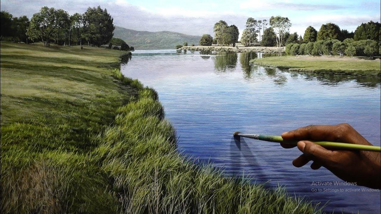 Painting a Beautiful River Side Landscape With Acrylics | Time lapse ...