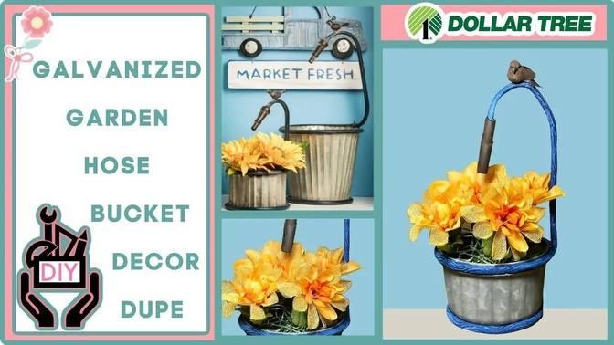 Dollar Tree DIY Galvanized Garden Hose Bucket Farmhouse Planter | Porch Decor Ideas | Overstock Dupe