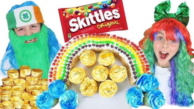How To Make St Patricks Day Rainbow Skittles Rice Krispies Cupcake Dessert DIY Kids Cooking Crafts