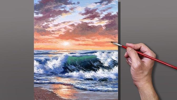 Acrylic Painting Sunset Waves Seascape