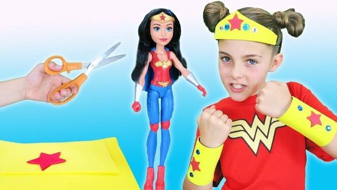 How To Make Superhero Costume Craft w/ Princess Ava DIY Wonder Woman Cuff Bracelets Headband Cosplay