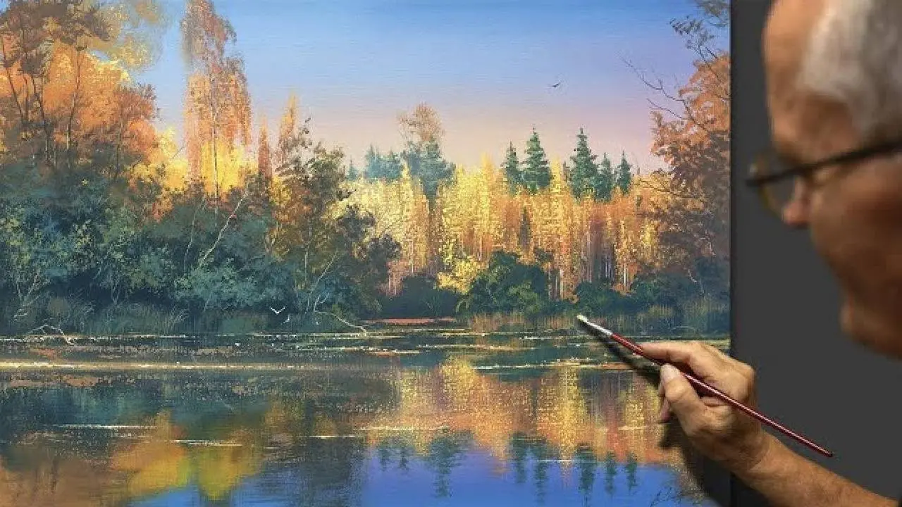 独自欣赏秋日风景 丙烯颜料 -- 维克托·尼古拉耶维奇·尤什克维奇。