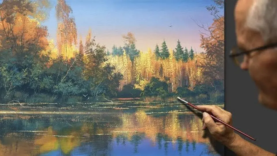 独自欣赏秋日风景 丙烯颜料 -- 维克托·尼古拉耶维奇·尤什克维奇。