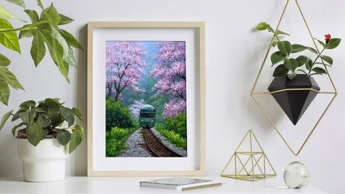 Daily Art #030 _ Acrylic _ Romantic train runs through tunnel of cherry blossoms