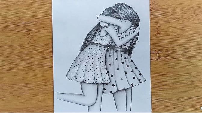 How to draw Two Friends Hugging with pencil sketch step by step/Bestfriends