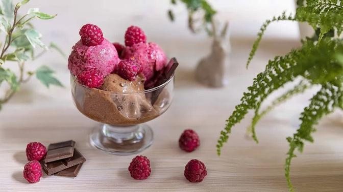 Ice cream. Raspberry and chocolate. Tasty and healthy!