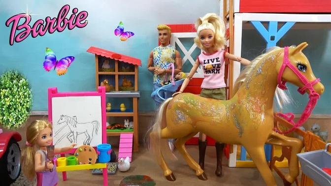 Barbie and Ken Farm Story w Barbie Sister Glitter Paint Pony and Ken is Taking Care of Barbie’s Baby