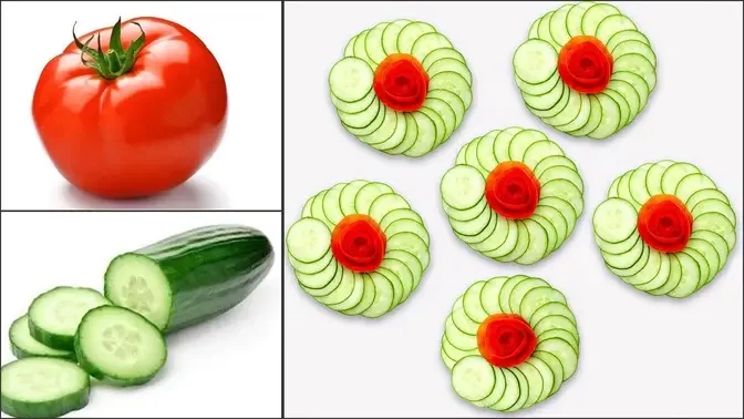 Cucumber & Tomato Rose Carving Garnish - Super Salad Decoration Ideas - Food Challenge 