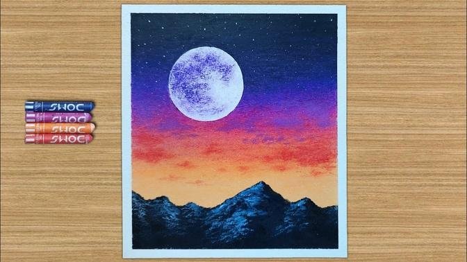 Moonlight Scenery | Full Moon Oil Pastel Drawing Step by Step