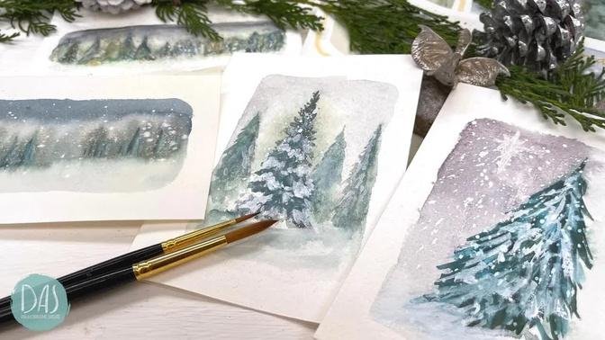Paint Three Snowy Fir Tree Watercolor Xmas Cards with me! - Quick and Easy Tutorial for Beginners