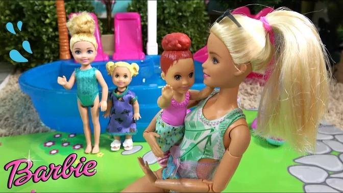 Barbie and Barbie Sister Swim School for Girls at Barbie’s House and Pool, Ken Taking Care of Babies