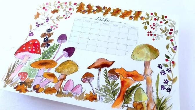 Paint a Mushroom Forest in Watercolor -Autumn Calendar Easy Real Time Stepwise Tutorial for everyone