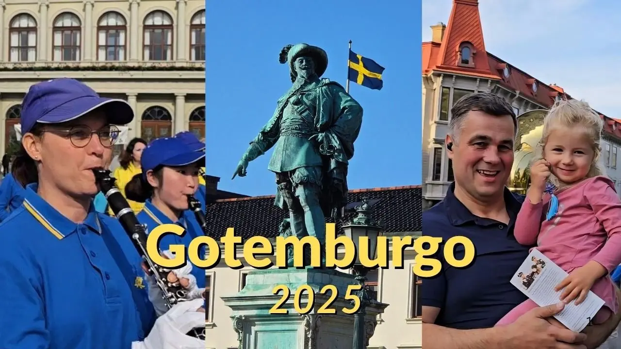 La banda de música europea Tian Guo desfila en Gotemburgo, Suecia